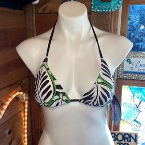 BIKINI SWIM TOP NWT GREEN BROWN WHITE ADJUSTABLE CUPS TIE BACKS